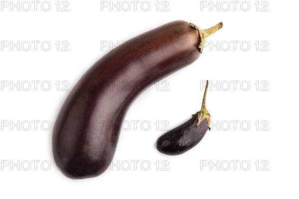 Two Eggplants big and small isolated on white background, top view, flat lay, close up, minimalism