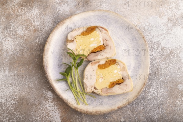 Chicken, egg and dried apricot meatloaf isolated on white. Diet, healthy eating. top view, copy space