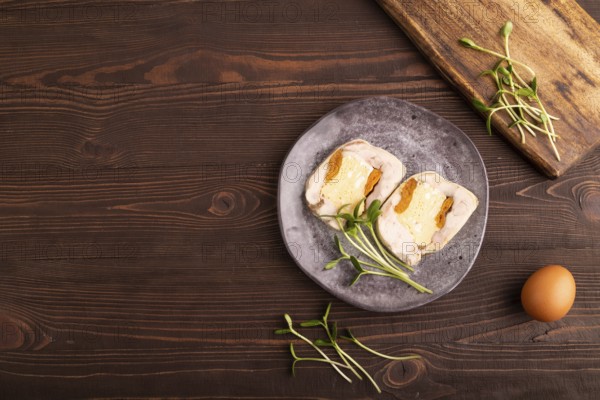 Chicken, egg and dried apricot meatloaf, microgreen on brown wooden. Diet, healthy eating. top view, copy space