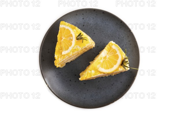 Lemon cake isolated on white background, top view, flat lay, close up