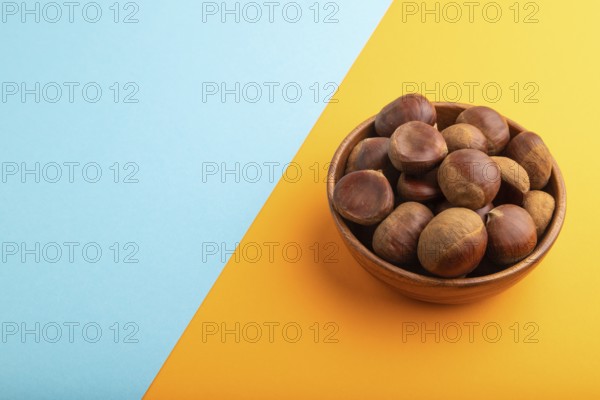 Wooden bowl with raw edible ?hestnuts on blue and orange paper pastel background, side view, copy space, minimalism