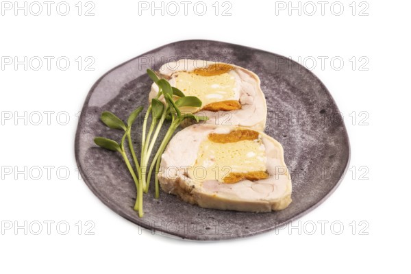 Chicken, egg and dried apricot meatloaf isolated on white. Diet, healthy eating. side view, copy space