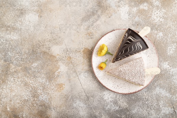 Chocolate and Vanilla Cake pops Marshmallow on brown concrete background. top view, flat lay, copy space