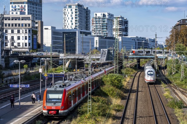 Wehrhahn railway station, railway line in Düsseldorf, along Toulouser Allee, residential area, office building, on former railway premises, goods station, industrial estates, ICE, S-Bahn, North Rhine-Westphalia, Germany