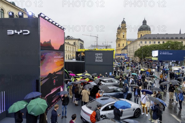 Munich, Germany - 10.9.2025: Electric cars from Chinese car manufacturer BYD in Munich city centre during the IAA Open Space at the IAA Mobility 2025 (International Motor Show) in Munich