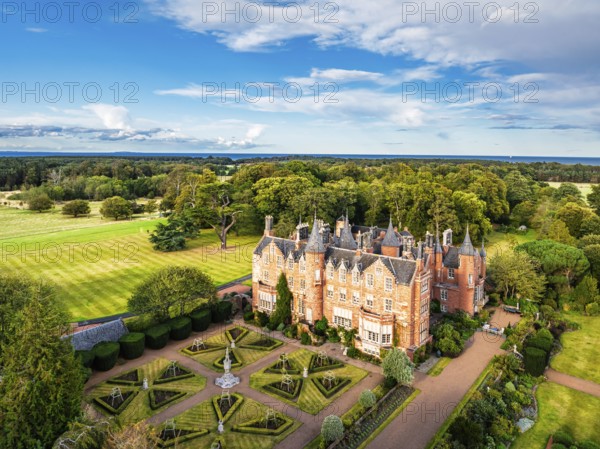 Tyninghame House over River Tyne from a drone, East Lothian, Scotland, UK