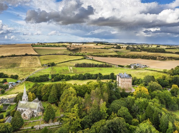 Borthwick Castle from a drone, Midlothian, Scotland, UK