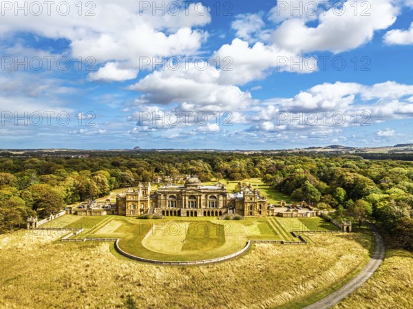 View of Gosford House from a drone, Longniddry, East Lothian, Scotland, UK