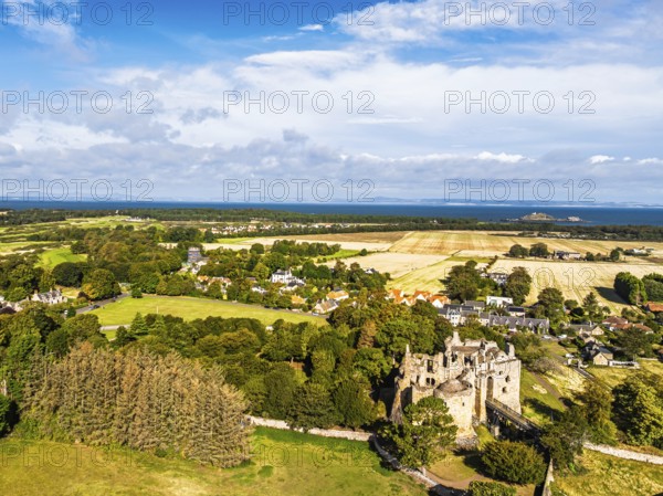Ruins of Dirleton Castle & Gardens from a drone, Dirleton, East Lothian, Scotland, UK