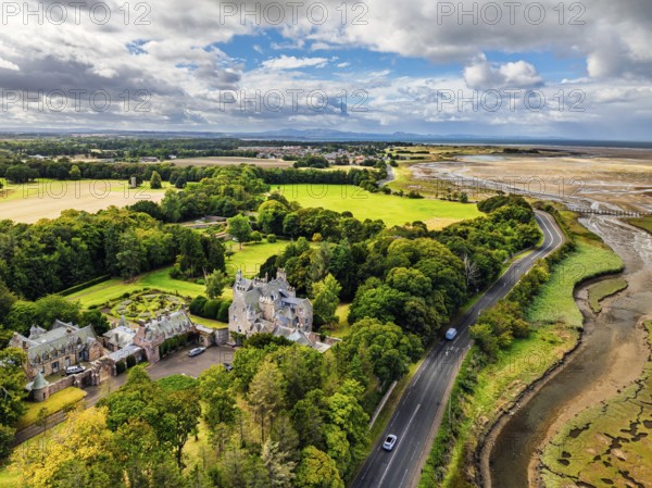 Luffness Castle from a drone, Aberlady, East Lothian, Scotland, UK