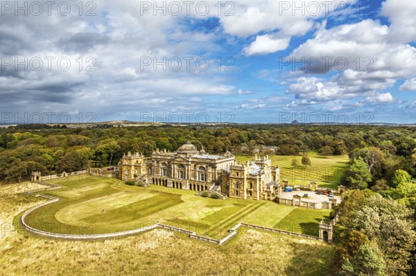 View of Gosford House from a drone, Longniddry, East Lothian, Scotland, UK