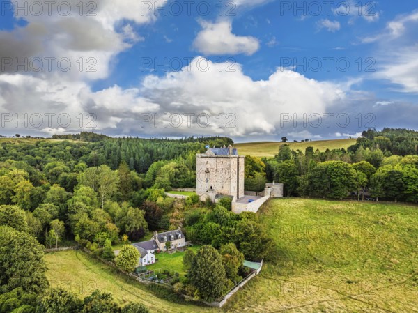 Borthwick Castle from a drone, Midlothian, Scotland, UK