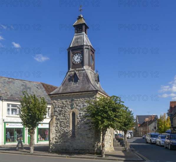 Historic Clock Tower building in the Market Place, Mere, Wiltshire, England, UK