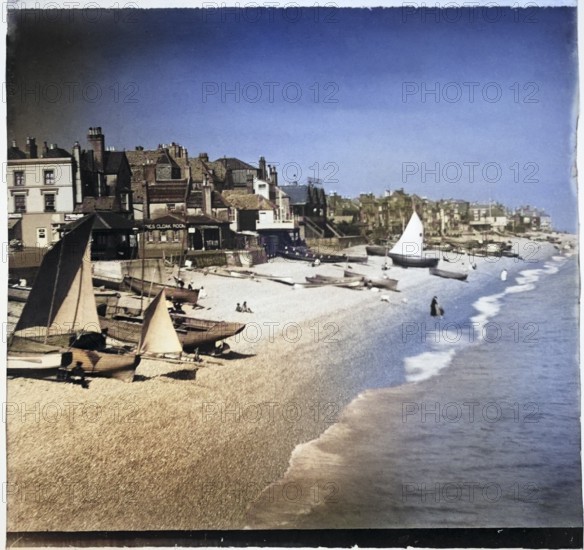 Vintage photograph of beach with fishing boats and people at Deal, Kent, England, UK c 1890s - 1900