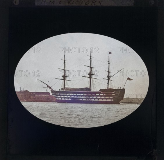 HMS Victory photographed c 1900, presumably at Portsmouth harbour, England, UK