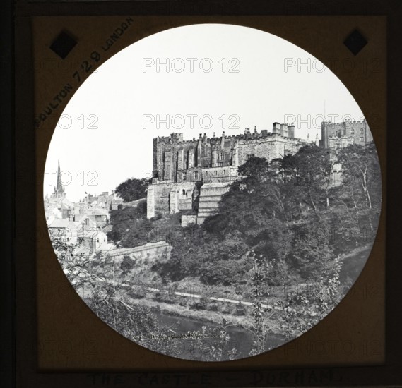 Magic lantern slide by Poulton of Durham cathedral church, Durham, River Wear, England, UK c 1900