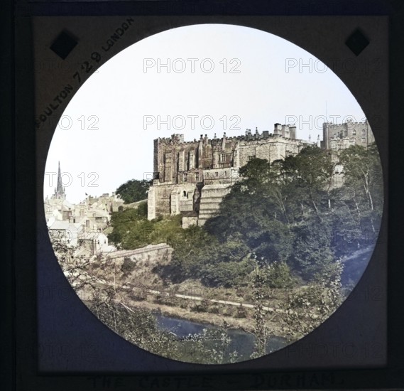 Colorised magic lantern slide by Poulton of Durham cathedral church, River Wear, Durham, England, UK c 1900