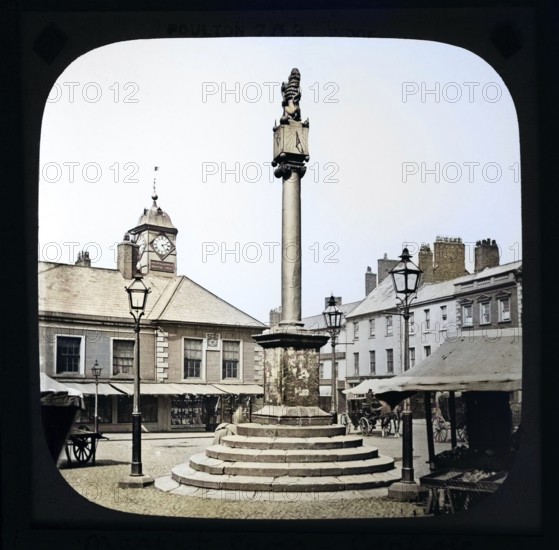 Colorised magic lantern slide by Poulton of market cross monument, Carlisle, Cumbria, England, UK c 1900