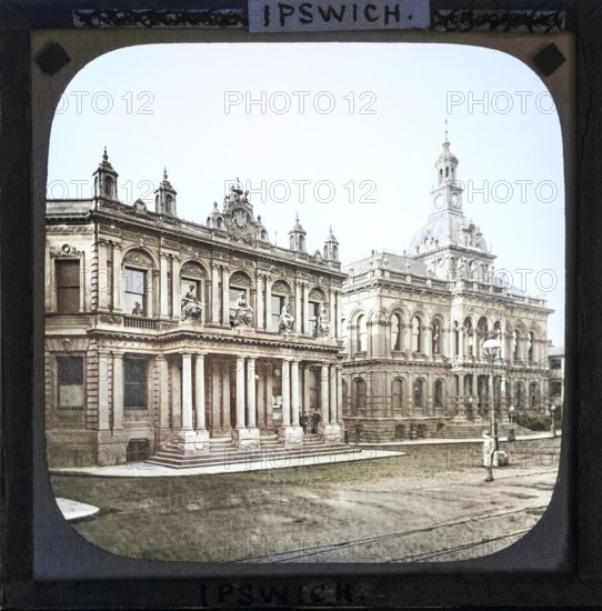 Colorised magic lantern slide of Post Office and Corn Exchange buildings, Ipswich, Suffolk, England, UK c 1900