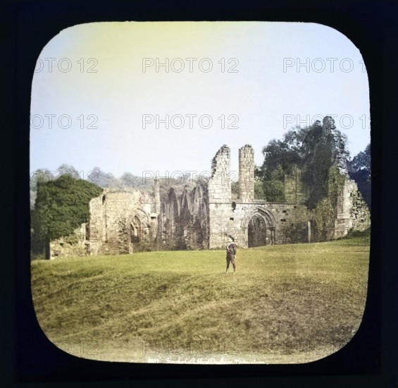 Colorised magic lantern slide by Poulton of Finchale Priory ruins, County Durham, England, UK c 1900