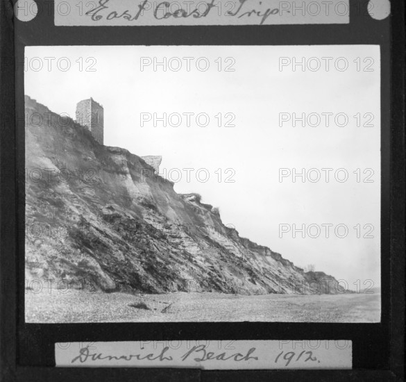 Magic lantern slide of ruin of All Saints church on clifftop at Dunwich, Suffolk, England, UK 1912
