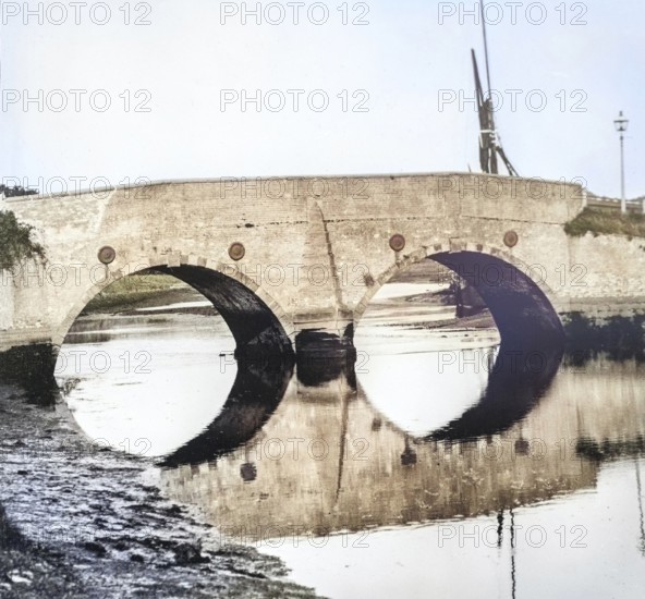 Colourised magic lantern slide of bridge crossing River Deben at Wilford Bridge, Melton, Suffolk, England, UK c 1910