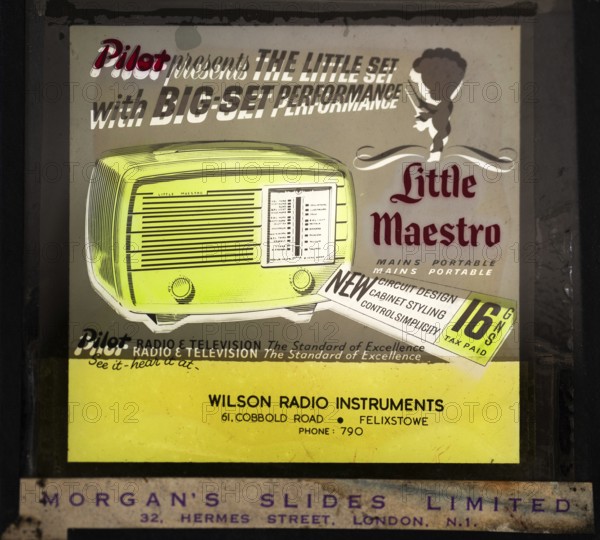 Magic lantern slide advertising portable and mains transistor radio product from electrical shop in Felixstowe, Suffolk, England, UK