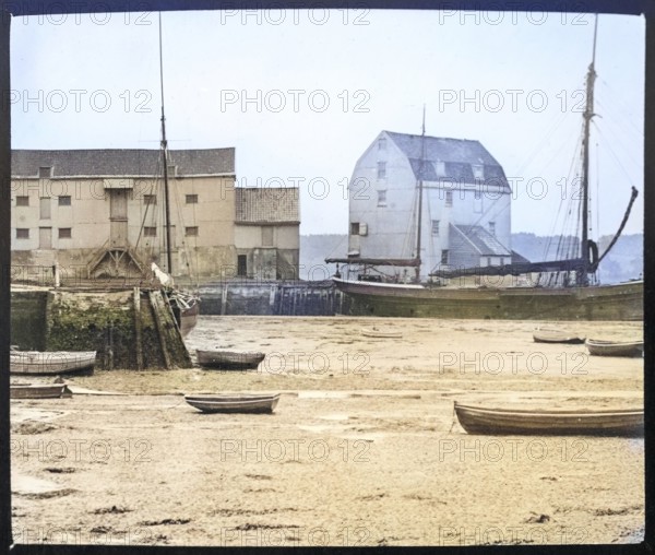Colourised magic lantern slide of the Tide Mill and River Deben at Woodbridge, Suffolk, England, UK c 1910