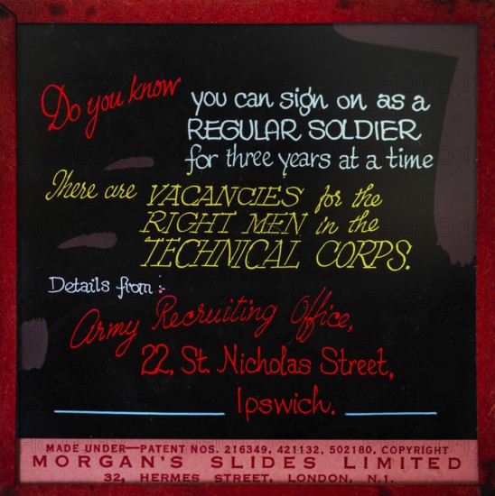 Magic lantern slide used for advertising in cinemas army recruitment for Regular Soldiers, UK c 1940s or 1950s