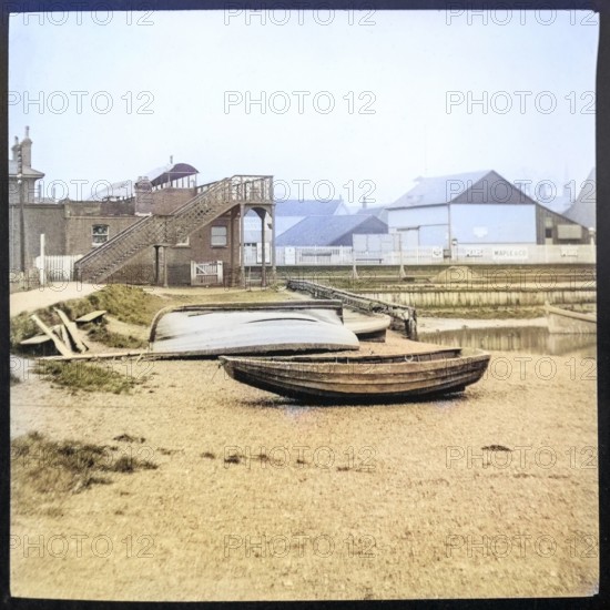 Colourised magic lantern slide of River Deben and railway station Woodbridge, Suffolk, England, UK c 1910 - before the cinema was built