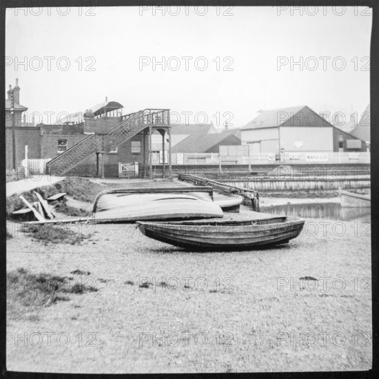 Magic lantern slide of River Deben and railway station Woodbridge, Suffolk, England, UK c 1910 - before the cinema was built