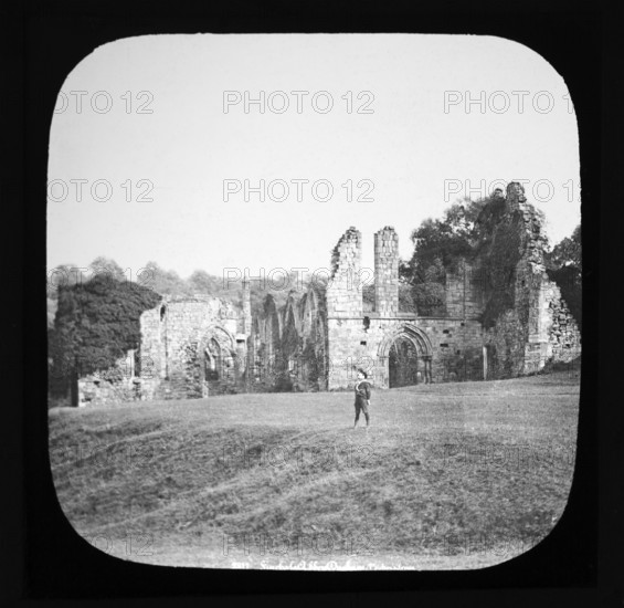 Magic lantern slide by Poulton of Finchale Priory ruins, County Durham, England, UK c 1900