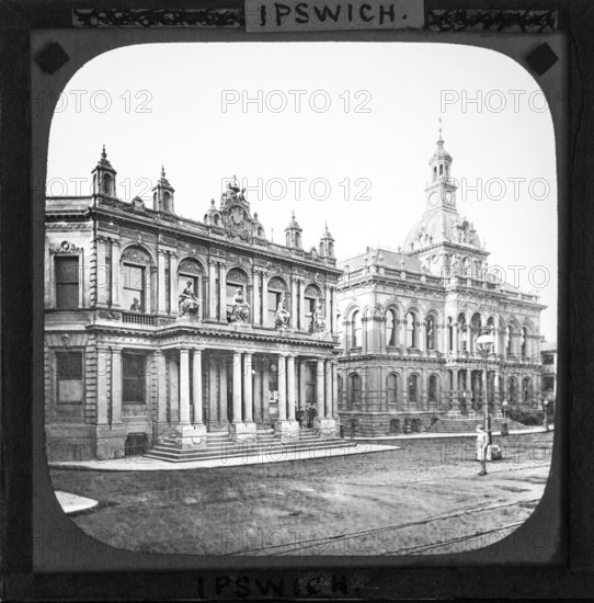 Magic lantern slide of Post Office and Corn Exchange buildings, Ipswich, Suffolk, England, UK c 1900