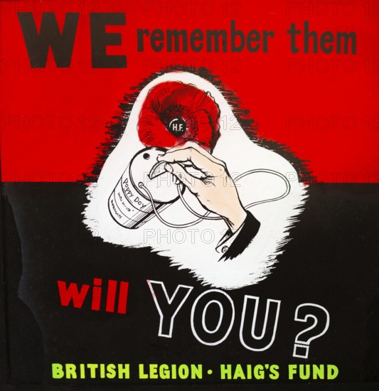 Magic lantern slide used in cinemas for advertising about the Haig's Fund poppy day appeal, UK c 1940s or 1950s