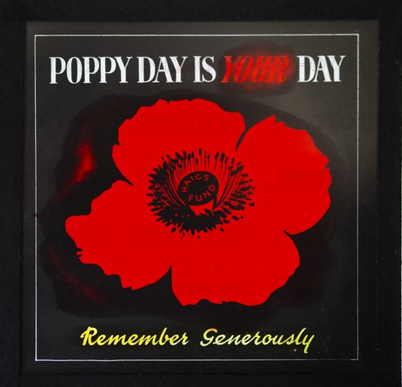 Magic lantern slide used in cinemas for advertising about the Haig's Fund poppy day appeal, UK c 1940s or 1950s