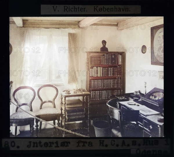 Interior of Hans Christian Andersen's House Museum, H.C. Andersen's Odense, Odense, Denmark by V Richter c 1900 colourised version