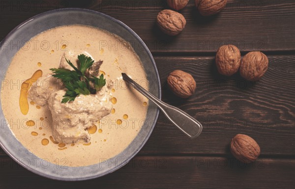 Satsivi, Georgian dish, chicken in nut sauce, cold appetizer, rustic, no people, homemade