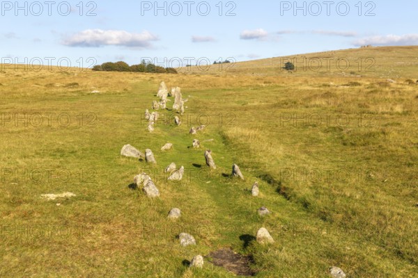 Rows of standing stones at Merrivale prehistoric ceremonial complex Dartmoor national park, Devon, England, UK