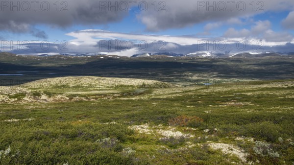Weite, baumlose Gebirgslandschaft, tiefhängende Wolken und blauer Himmel, Pilgerweg Olavsweg, Olavsleden oder Pilgrimsleden, Dovrefjell, Norwegen