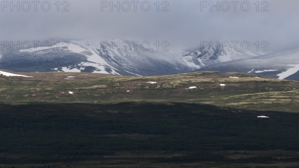 Blick auf schneebedeckte Berggipfel, Wolken, Olavsweg, Olavsleden oder Pilgrimsleden, Dovrefjell, Dovre-Nationalpark, Norwegen