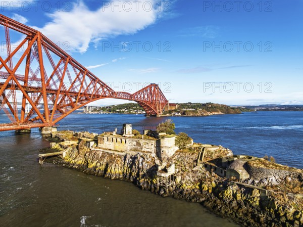 Inch Garvie Castle from a drone, Forth Bridge, Queensferry Crossing, Forth Estuary, Scotland, United Kingdom
