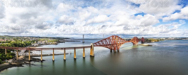 Panorama of Forth Bridge from a drone, Queensferry Crossing, Forth Estuary, Scotland, United Kingdom