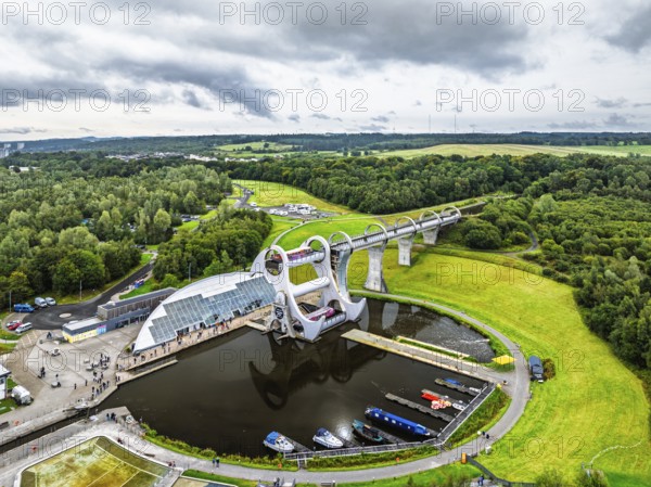 Filkirk Wheel from a drone, Forth and Clyde Canal, Falkirk, Scotland, UK