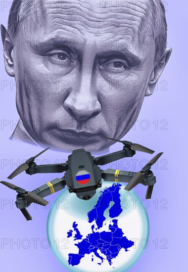 Symbolic image, Putin and Ukraine war, Russian drones over EU, sabotage by Russia, undersea cables, Baltic states, Poland, threat to European/world politics, billiards of world politics, Ukraine, Russia, danger situation, continued gas supply, arms supplies, shortage of fossil fuels, cold winter, frost, energy supply, food for third world, raw material supply