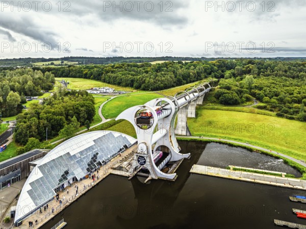 Filkirk Wheel from a drone, Forth and Clyde Canal, Falkirk, Scotland, UK