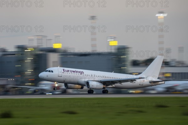 Eurowings Airbus lands at Düsseldorf Airport, North Rhine-Westphalia, Germany