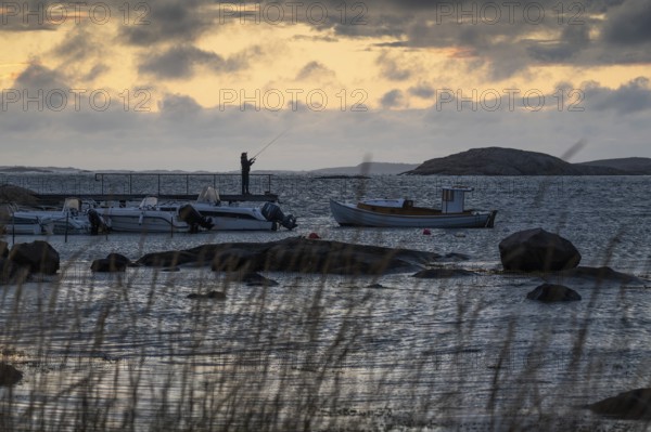 Small bay, archipelago, jetty with angler, Resö Island, Bohuslän, Skagerrak, Sotenäs, Västra Götalands län, Sweden