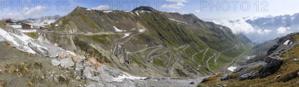 Panoramic view of the north ramp east ramp Ascent from pass road to mountain pass Alpine pass with 48 serpentines tight bends Stelvio Pass Stelvio Stelvio, left Hotels Berghotels, Stelvio, South Tyrol, Alto Adige, Italy