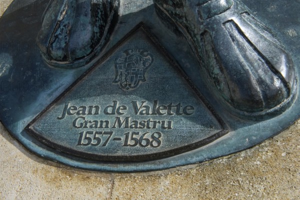 Inscription on base of bronze statue of Jean Parisot de la Valette, Grand Master of the Order of Malta, founder of Valletta Capital of Malta, Valletta, Malta