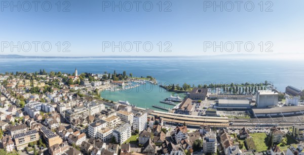 The town of Romanshorn with the main railway station, harbour area, ferry port, marina, aerial view, panorama, Lake Constance, Canton Thurgau, Switzerland